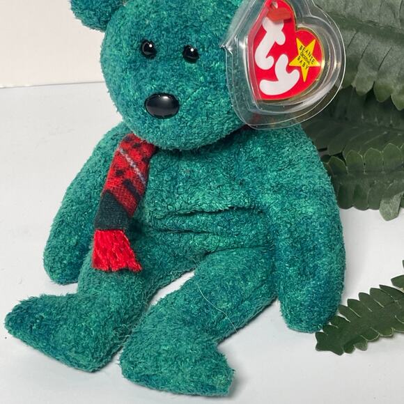 TY Beanie Baby WALLACE GREEN TEDDY BEAR W/ SCARF 8" STUFFED - Picture 2 of 5